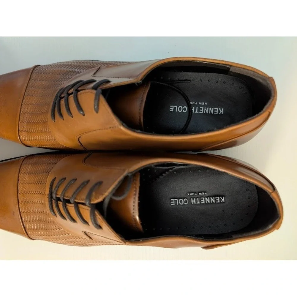 Kenneth Cole Ticket-S Oxford Shoes Mens 12M Cognac‎ Brown Cap Toe Woven EUC